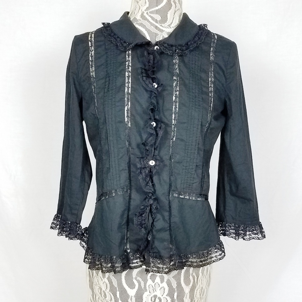 Vintage Victorian Gothic Blouse Black w/ Lace Sz M